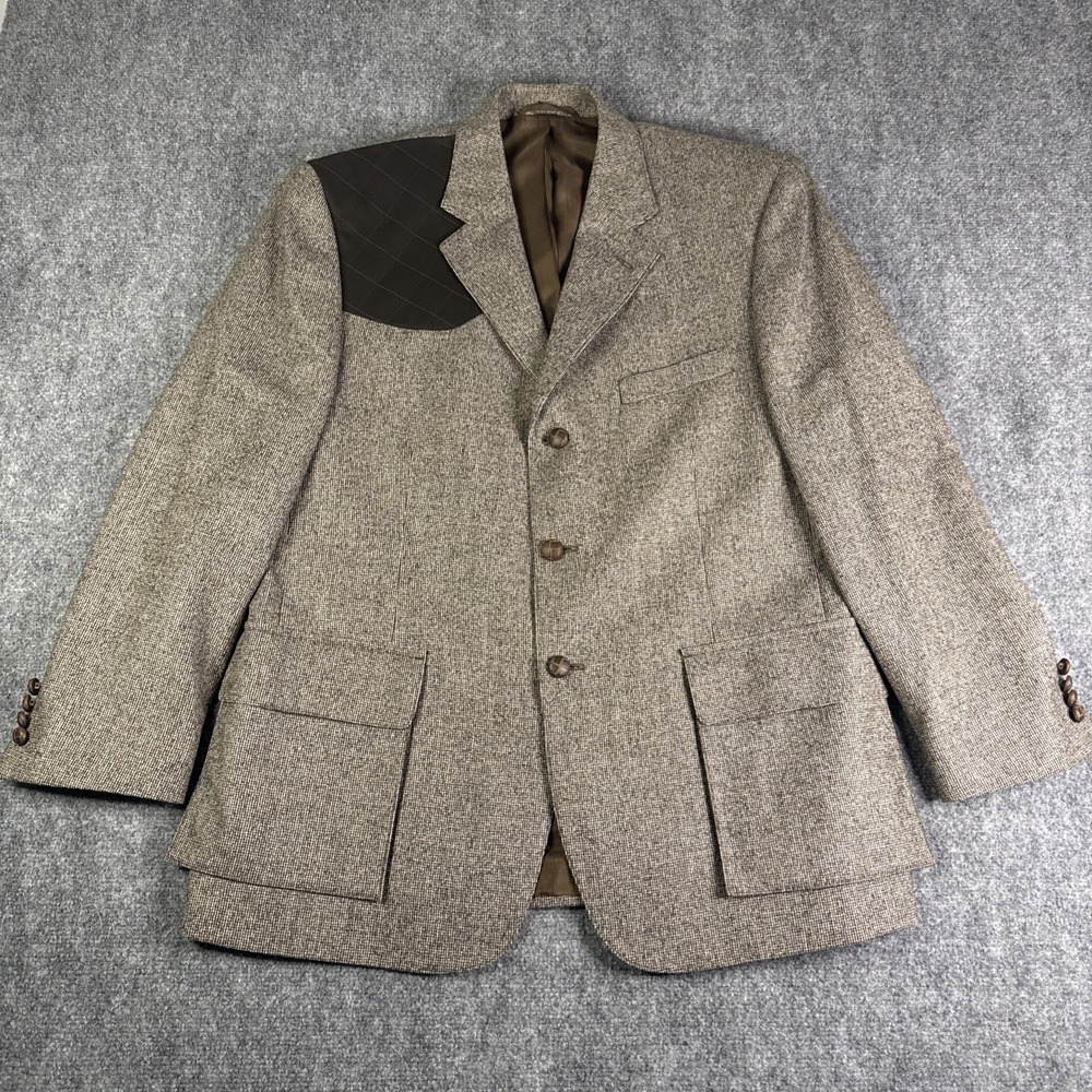 Vintage Paul Fredrick Tweed Shooting Jacket Wool Suede Yoke Patch 42S